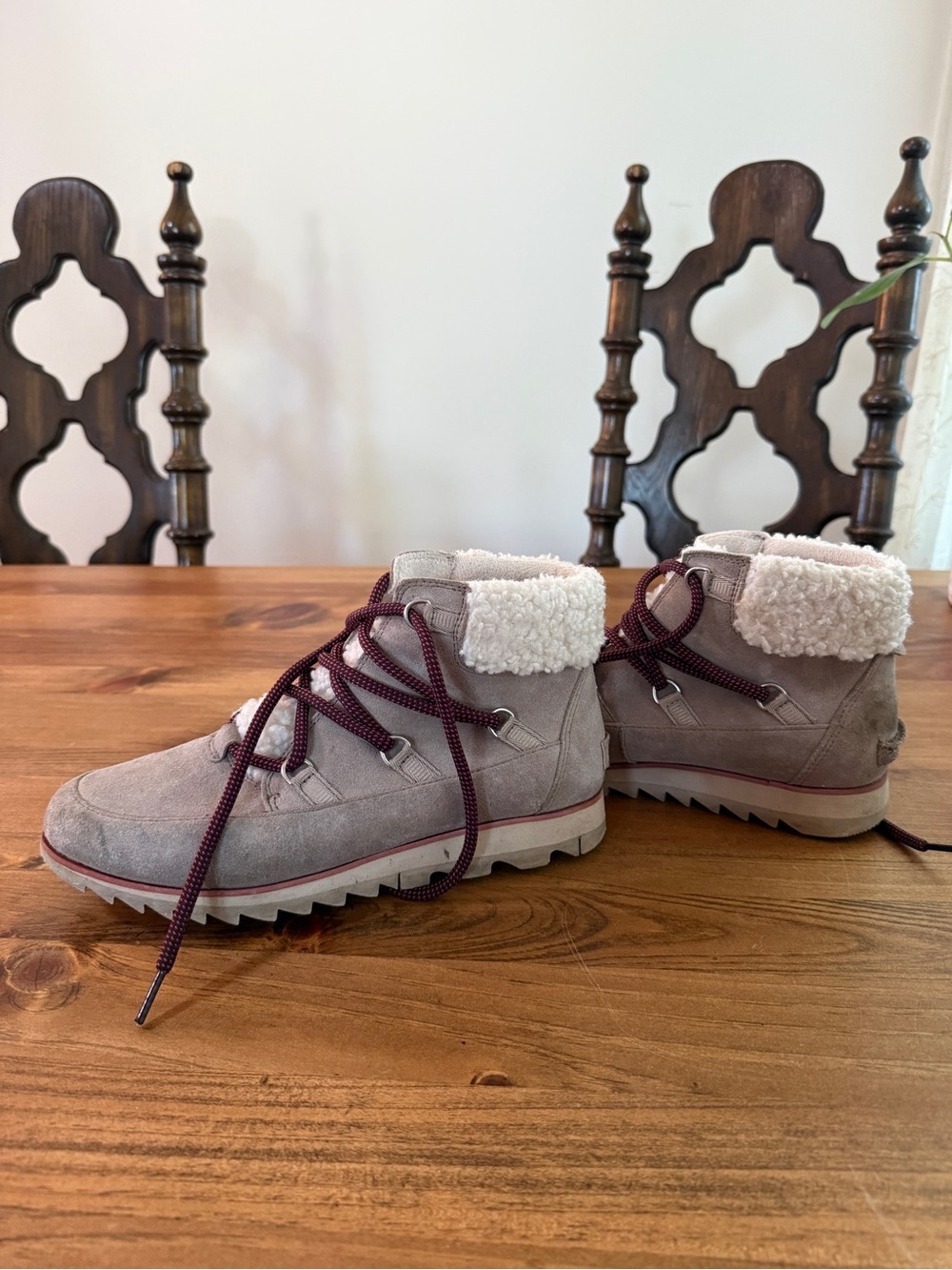Sorel Taupe Suede Ankle Boots with Shearling Collar and Burgundy Laces